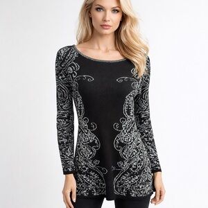 NWT Ruby Rd Black Silver Jacquard Sweater Tunic Size S 3/4 Sleeve Shimmer